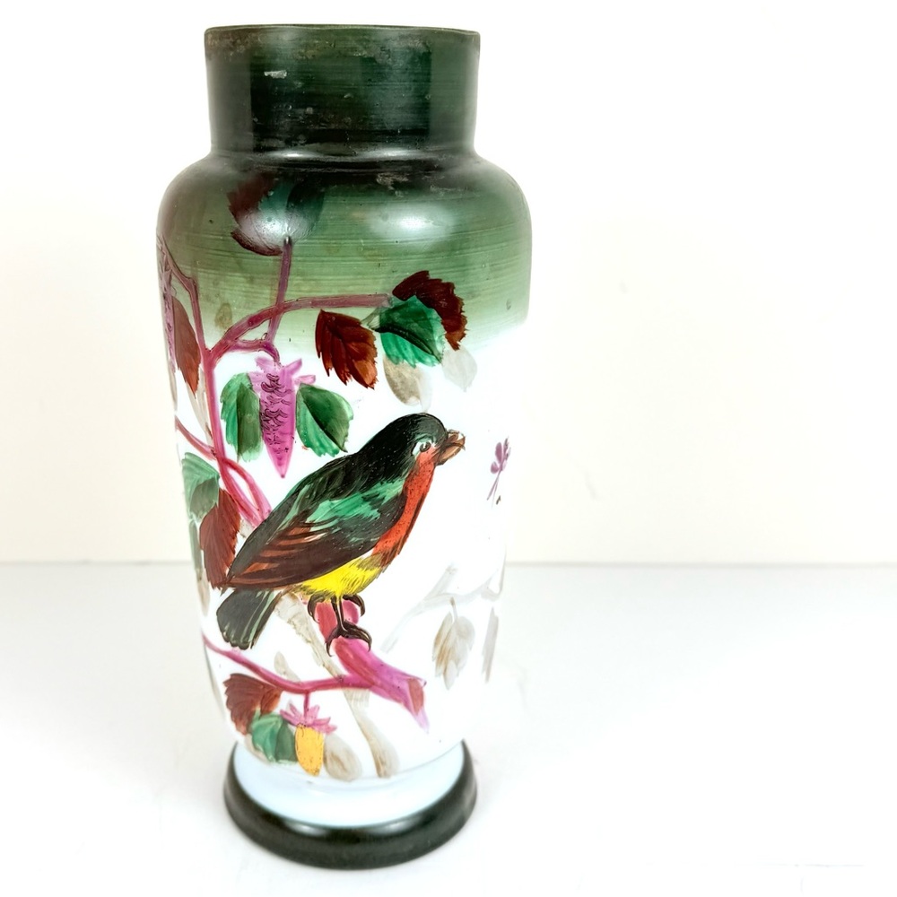 Vintage hand painted milk glass vase.  Robin. MCM.  10” Tall. Gorgeous Painting!